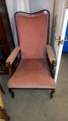 An Edwardian mahogany armchair with pink Draylon covering COLLECT ONLY
