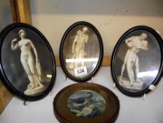 3 antique oval framed prints of Roman/Greek statues and a miniature of Mary and Joseph
