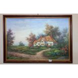 A large painting on canvas of a thatched cottage signed Marten COLLECT ONLY