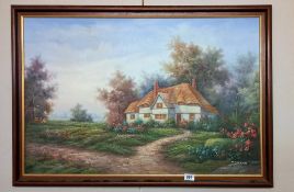 A large painting on canvas of a thatched cottage signed Marten COLLECT ONLY