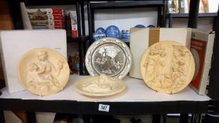 2 boxed Italian relief wall plaques and 1 unboxed plus a boxed WMF metal plate