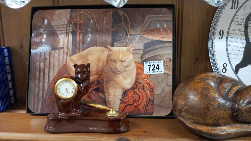 A cat clock, wooden cat, and other cat related items - Image 2 of 3