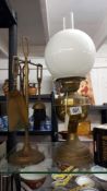 A brass lamp with duplex burner and companion set COLLECT ONLY