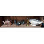A pewter teapot etc, plus Victorian candlestick, Burleigh ware teapot (teapot a/f)