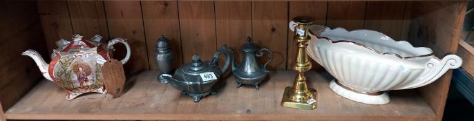 A pewter teapot etc, plus Victorian candlestick, Burleigh ware teapot (teapot a/f)