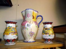 A Hancock's ivory ware jug and pair of Chinese vases (1 has chip to rim)