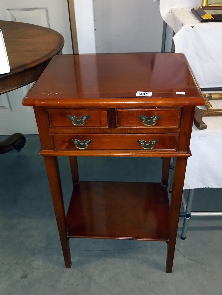 A mahogany side table with 3 drawers and string inlay top 45cm x 35cm x height 75cm COLLECT ONLY