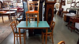 A 1970's Formica top kitchen table and pair of chairs and 1 single chair 116cm x 67cm x height