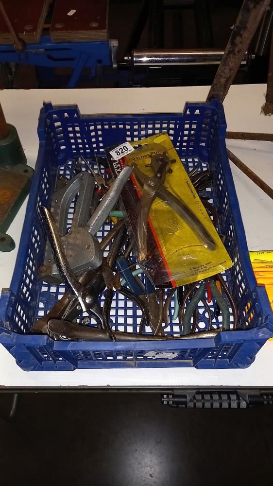 A box of various pliers, cutters & mole grips etc.