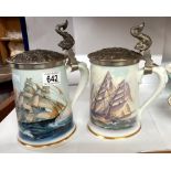 2 Franklin porcelain pewter lidded steins, 'Greyhounds of the sea' and 'The China Clipper'