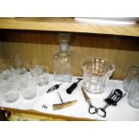 A decanter, glass ice bucket and quantity of glasses and bottle openers etc COLLECT ONLY