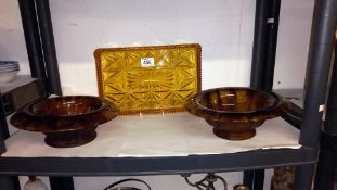 2 art deco smoked amber glass bowls and a trinket tray