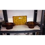 2 art deco smoked amber glass bowls and a trinket tray