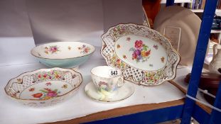 2 German lace edged dishes, a Minton bowl and a Shelley teacup and saucer