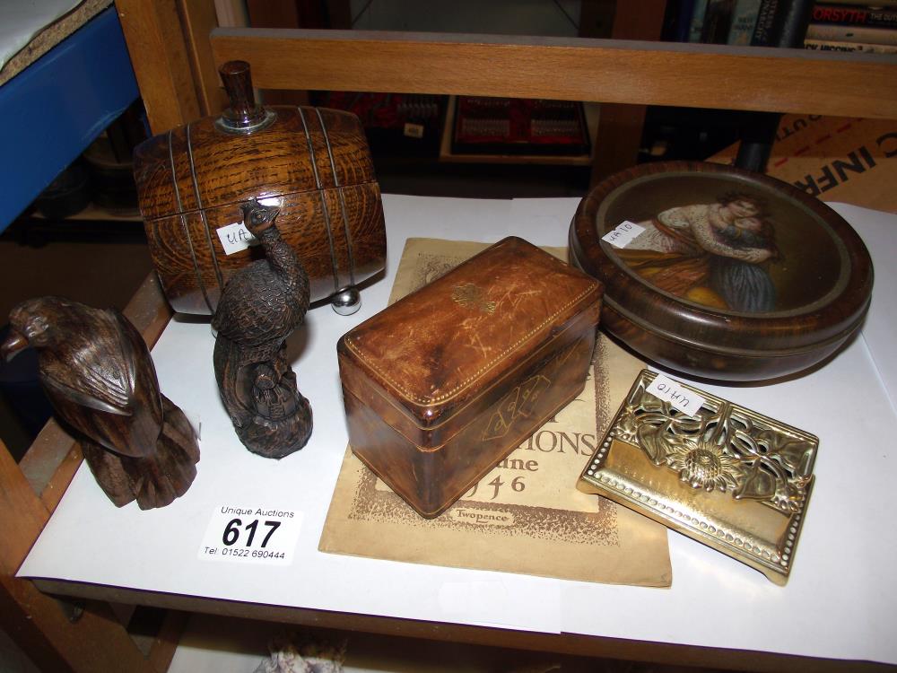 A mixed lot of wooden items, brass stamp box etc