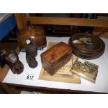 A mixed lot of wooden items, brass stamp box etc