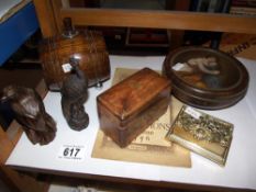 A mixed lot of wooden items, brass stamp box etc
