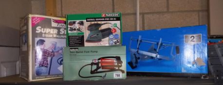 A boxed Parkside detail sander, mitre saw, foot pump & wallpaper stripper COLLECT ONLY