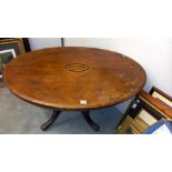 A Victorian oval inlaid mahogany tip up tea table COLLECT ONLY