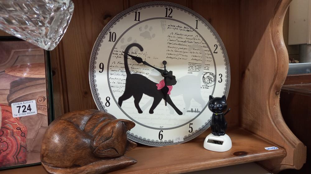 A cat clock, wooden cat, and other cat related items - Image 3 of 3