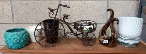 Wrought iron tricycle planter and quantity of other planters COLLECT ONLY