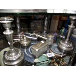 Silver plated candlesticks, trinket pots, & spoons