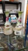 A pair of vintage candlesticks and 2 trinket boxes