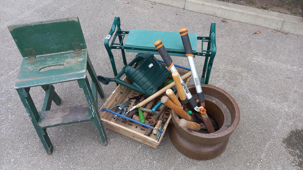 A quantity of garden tools including vintage wooden step stool etc. COLLECT ONLY