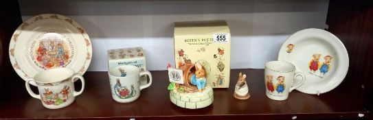 A Pinky and Perky dish and mug, boxed Wedgwood Peter Rabbit mug, a Schmid Beatrix Potter musical