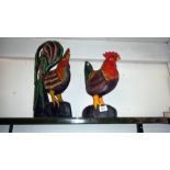 2 large painted wooden figures of a chicken and a cockerel height 38cm and 50cm