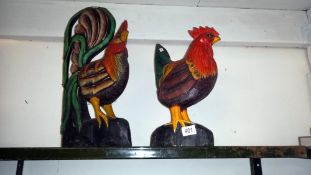 2 large painted wooden figures of a chicken and a cockerel height 38cm and 50cm