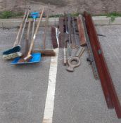 A quantity of garden brooms & shovel etc including sash cramp COLLECT ONLY