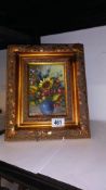 A gilt framed oil on board of still life vase of flowers image 11cm x 16cm, frame 30.5cm x 25.5cm