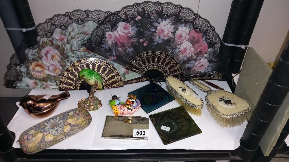 2 vintage fans, art glass peacock feather coasters etc