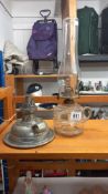 2 vintage finger oil lamps, 1 glass with chimney and 1 chrome plated by Veritas, no chimney