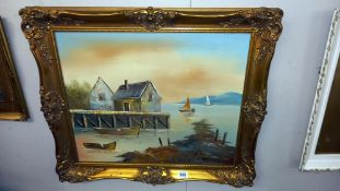 A gilt framed painting on board of sailing boats on water next to boat house COLLECT ONLY