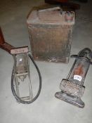 A 1949 W/D 2 gallon petrol can and 2 old footpumps (Dunlop Major and PLL Royal).