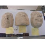 Three replica death masks - Oliver Cromwell, Charles 1 and one of Cromwells generals.