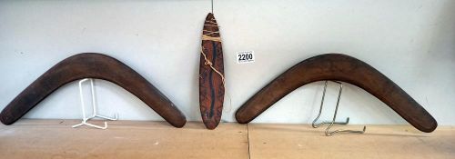 Two Australian Aboriginal boomerangs and a bull roarer.