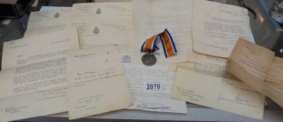A WW1 medal for 9205 Pte C Pratt Leicester Regiment with associated paperwork.