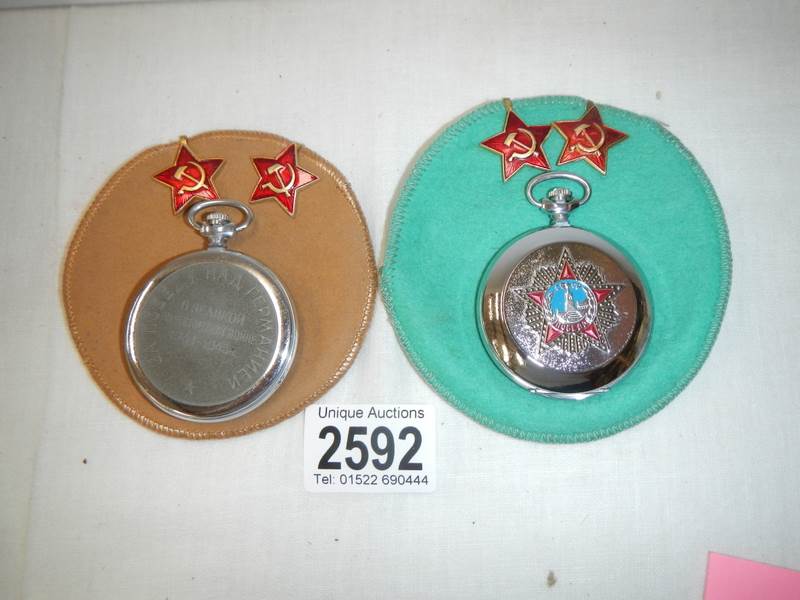 Two modern Russian pocket watches and one chain.