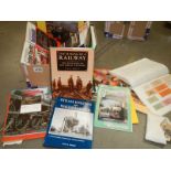 A box of books on transport - railways, buses, steam etc., and a collection of bus tickets.