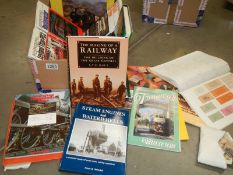 A box of books on transport - railways, buses, steam etc., and a collection of bus tickets.