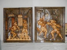A pair of plaster plaques entitled 'Cheating at Cards' and 'Duel to the End' in good condition.