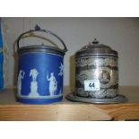 A Jasper ware biscuit barrel and a silver plate biscuit barrel.