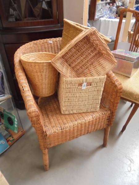 A cane chair and a quantity of basket ware, COLLECT ONLY.