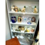 Five shelves of ceramics, glass and three stainless steel pans, COLLECT ONLY.