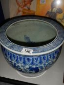 An old blue and white Chinese fish bowl, COLLECT ONLY.