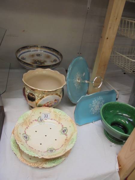 A mixed lot including jardinier, strainer dish with stand, cake stand etc., COLLECT ONLY.