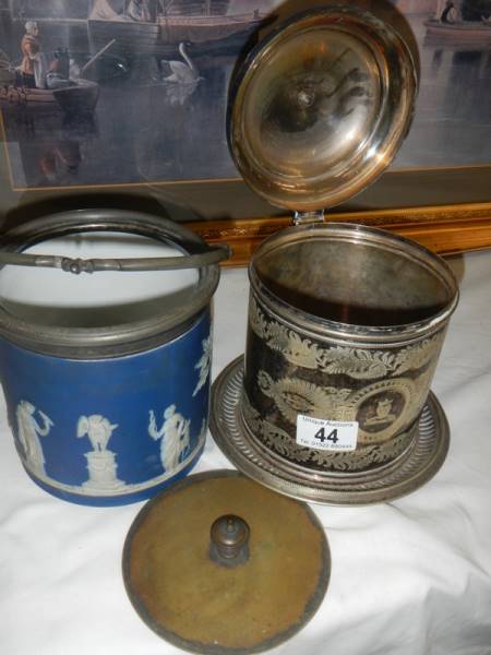 A Jasper ware biscuit barrel and a silver plate biscuit barrel. - Image 4 of 4